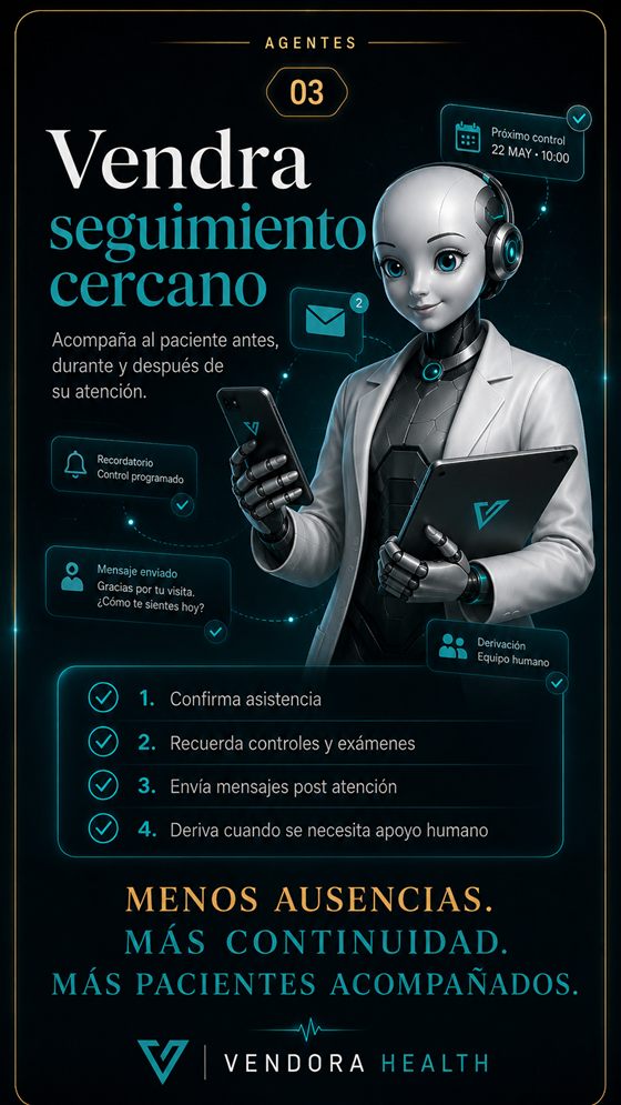 Vendra seguimiento cercano: confirma asistencia, recuerda controles y exámenes, y deriva a tu equipo humano