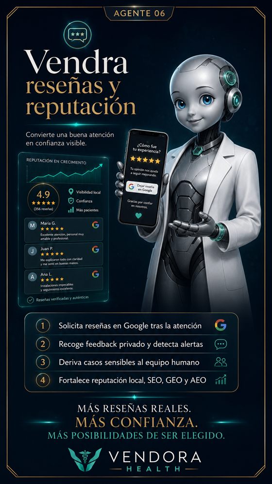 Vendra reseñas y reputación: solicita reseñas en Google, recoge feedback y fortalece SEO, GEO y AEO