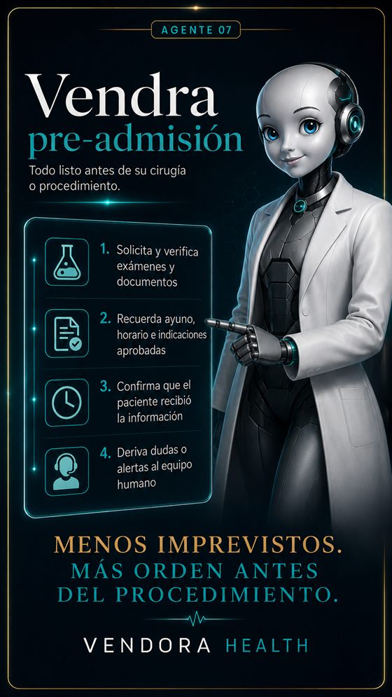 Agente de pre-admisión: verifica exámenes, documentos, consentimiento y ayuno antes de una cirugía